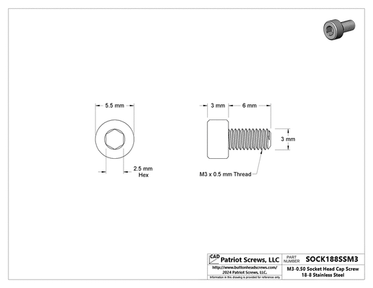 M3-0.50 x 6 mm 18-8 Stainless Steel Socket Head Cap Screw