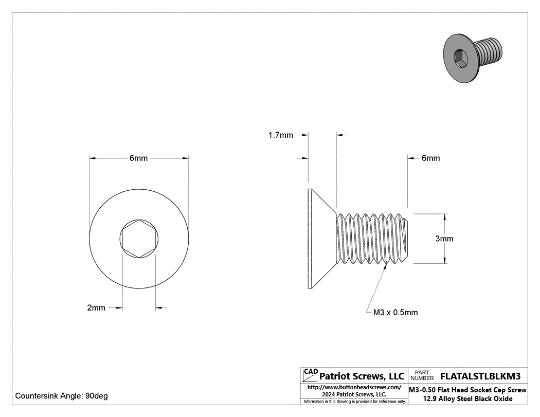 M3-0.50 x 6 mm 12.9 Alloy Steel Black Oxide Flat Head Socket Cap Screw