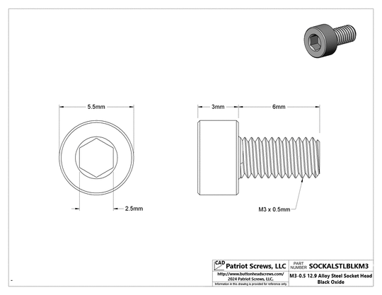 M3-0.50 x 6 mm 12.9 Alloy Steel Black Oxide Socket Head Cap Screw