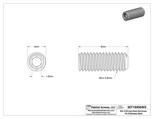 M3-0.50 x 8 mm 18-8 Stainless Steel Cup Point Socket Set Screw