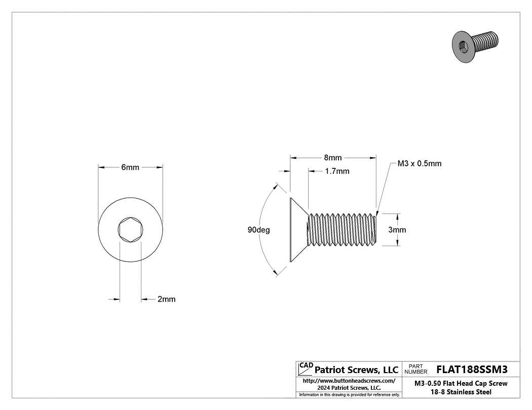 M3-0.50 x 8 mm 18-8 Stainless Steel Flat Head Socket Cap Screw
