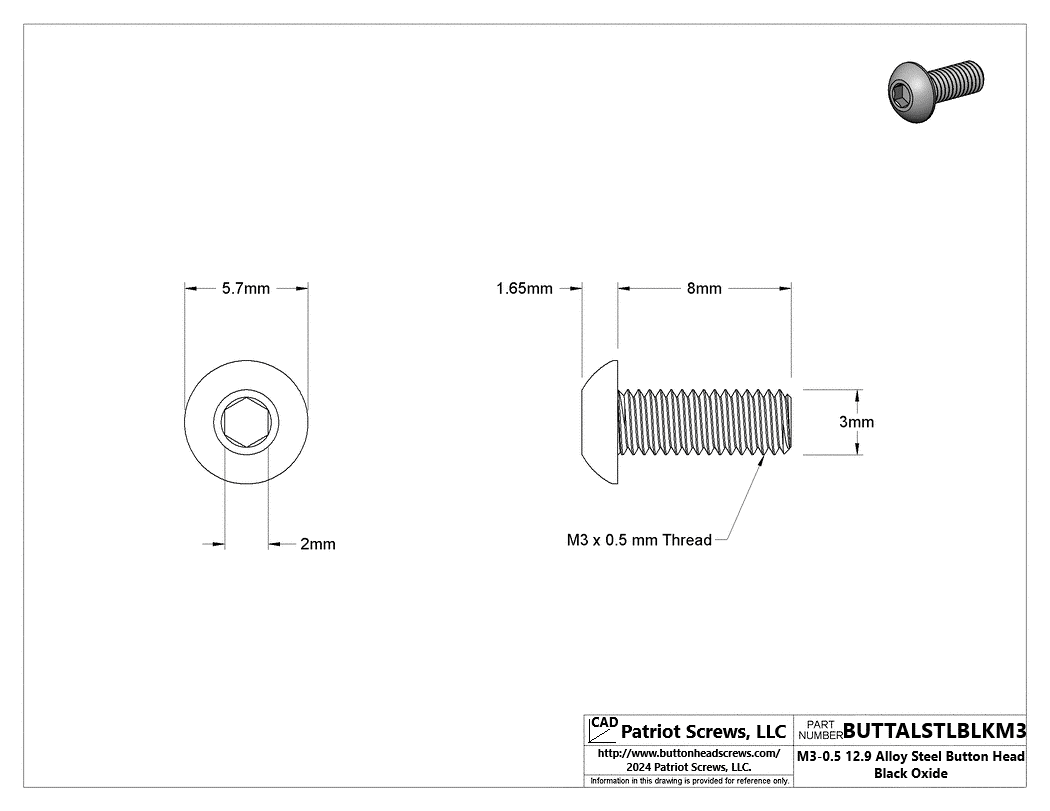 M3-0.50 x 8 mm 12.9 Alloy Steel Button Head Socket Cap Screw Black Oxide