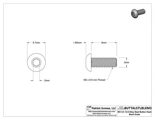 M3-0.50 x 8 mm 12.9 Alloy Steel Button Head Socket Cap Screw Black Oxide