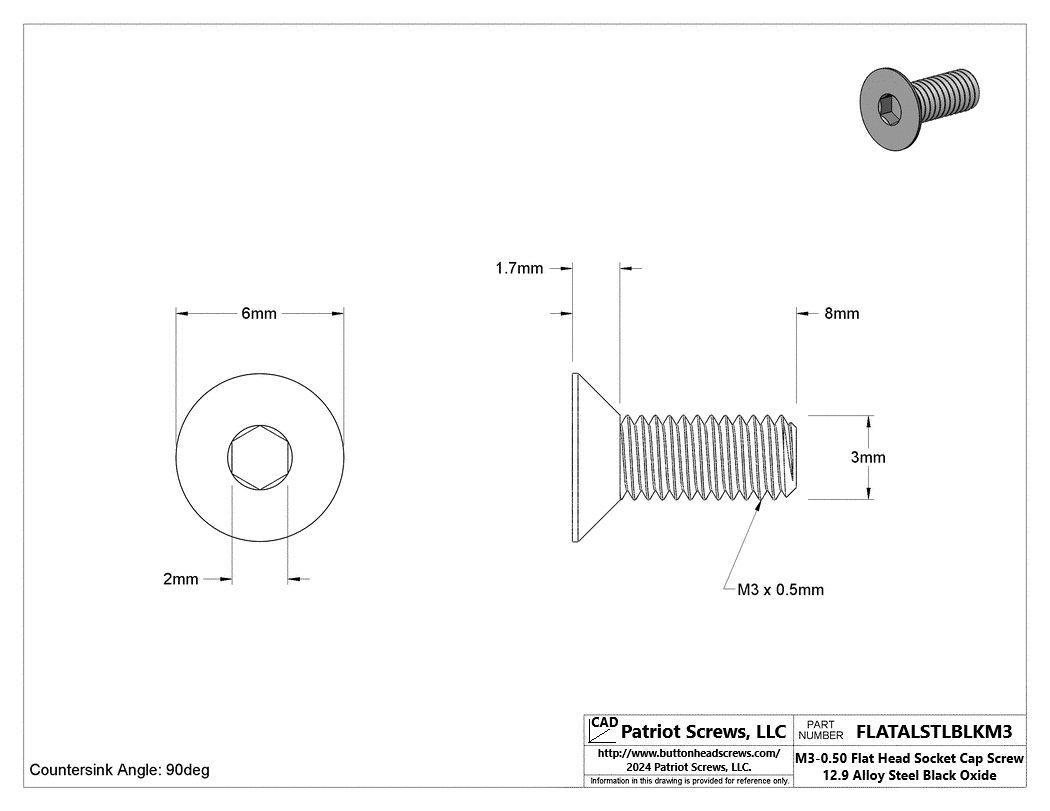 M3-0.50 x 8 mm 12.9 Alloy Steel Black Oxide Flat Head Socket Cap Screw