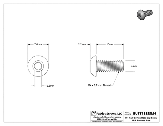 M4-0.70 x 10 mm 18-8 Stainless Steel Button Head Cap Screw