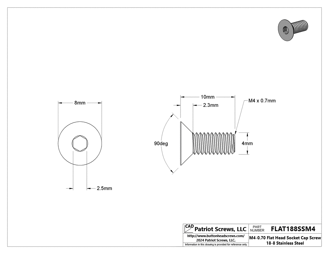 M4-0.70 x 10 mm 18-8 Stainless Steel Flat Head Socket Cap Screw