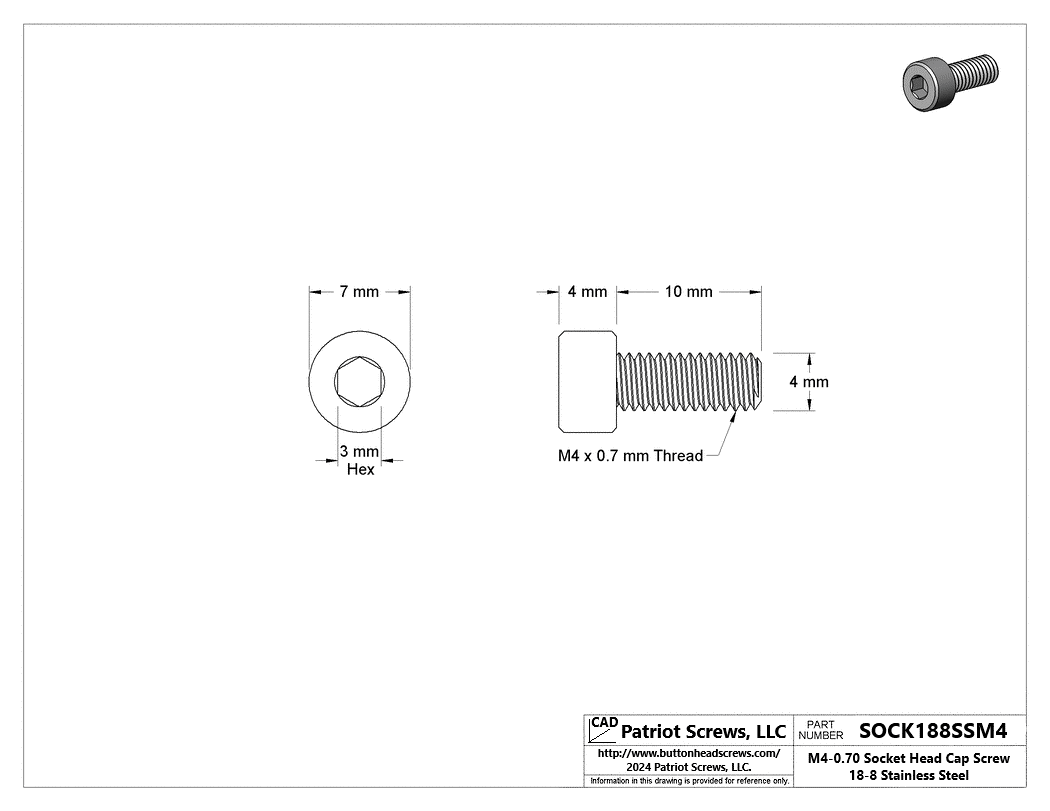 M4-0.70 x 10 mm 18-8 Stainless Steel Socket Head Cap Screw