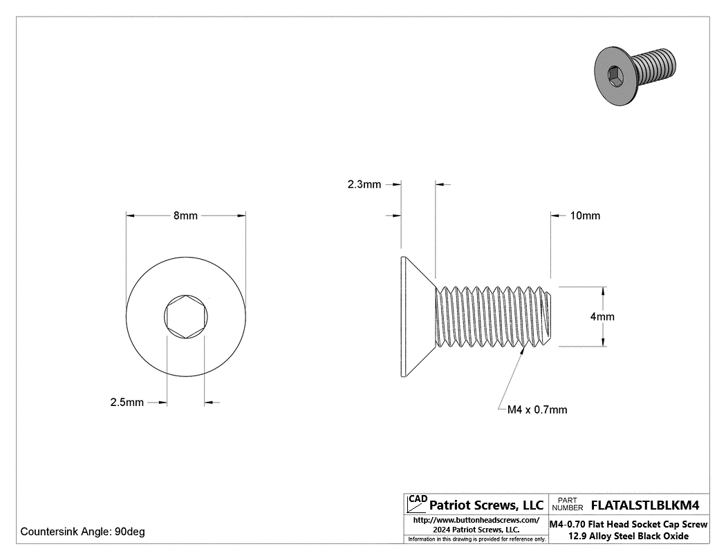 M4-0.70 x 10 mm 12.9 Alloy Steel Black Oxide Flat Head Socket Cap Screw