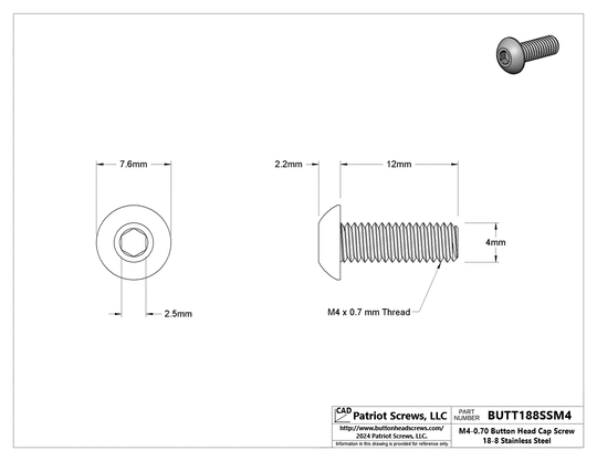 M4-0.70 x 12 mm 18-8 Stainless Steel Button Head Cap Screw