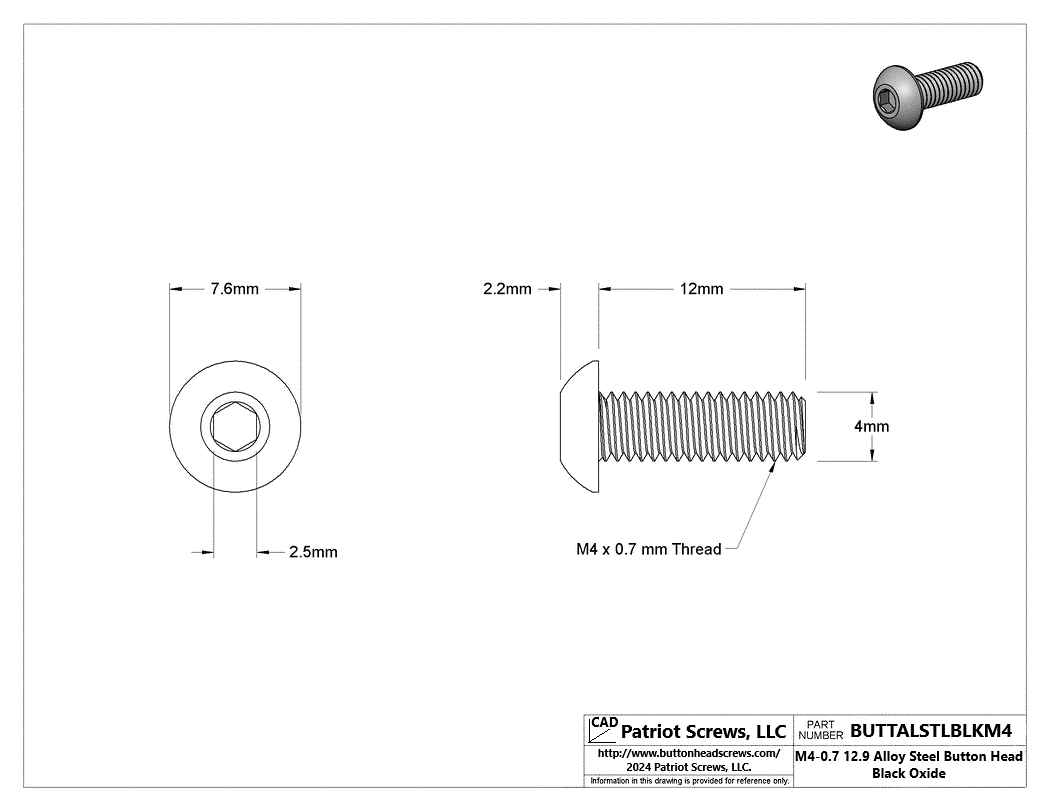 M4-0.70 x 12 mm 12.9 Alloy Steel Button Head Cap Screw Black Oxide