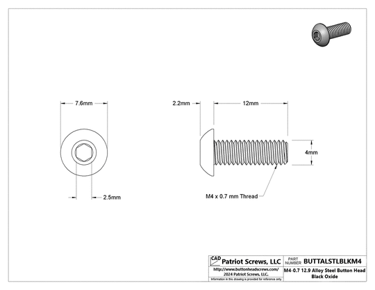 M4-0.70 x 12 mm 12.9 Alloy Steel Button Head Cap Screw Black Oxide