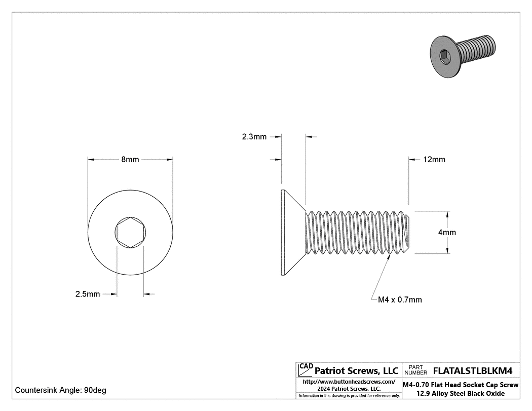 M4-0.70 x 12 mm 12.9 Alloy Steel Black Oxide Flat Head Socket Cap Screw
