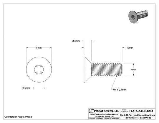 M4-0.70 x 12 mm 12.9 Alloy Steel Black Oxide Flat Head Socket Cap Screw