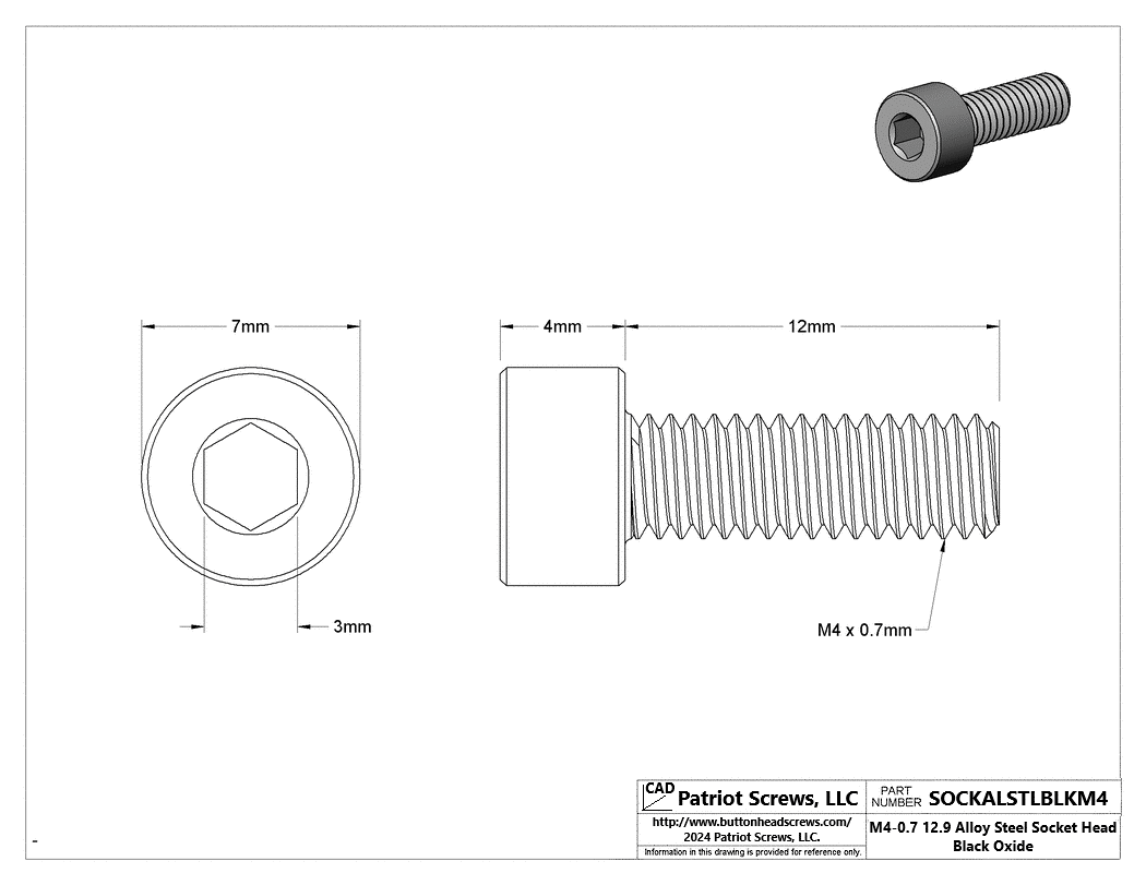 M4-0.70 x 12 mm 12.9 Alloy Steel Black Oxide Socket Head Cap Screw
