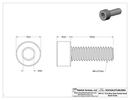 M4-0.70 x 12 mm 12.9 Alloy Steel Black Oxide Socket Head Cap Screw