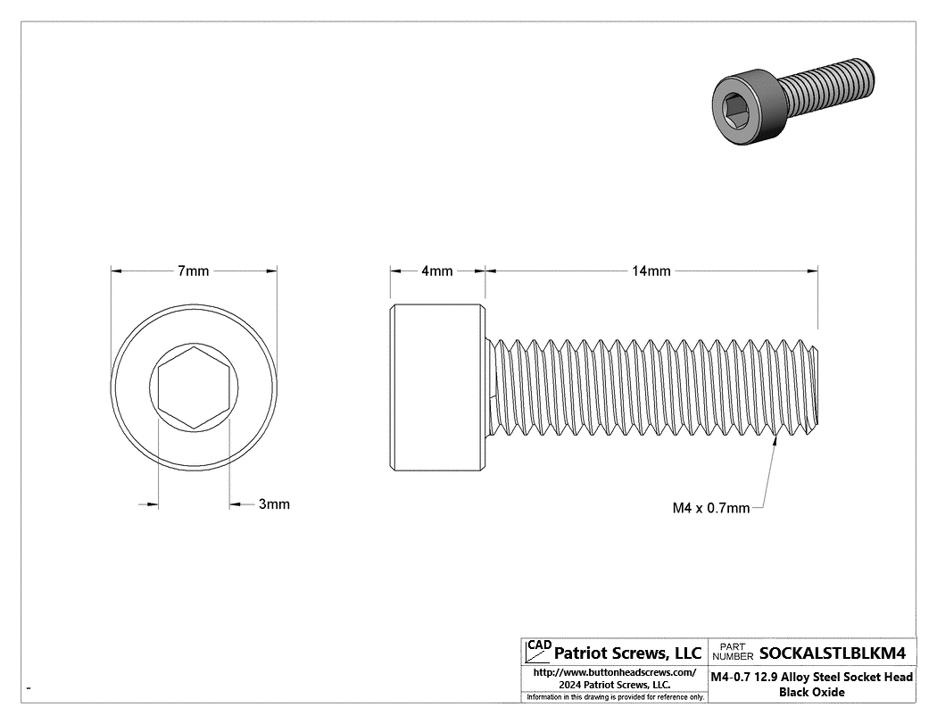 M4-0.70 x 14 mm 12.9 Alloy Steel Black Oxide Socket Head Cap Screw