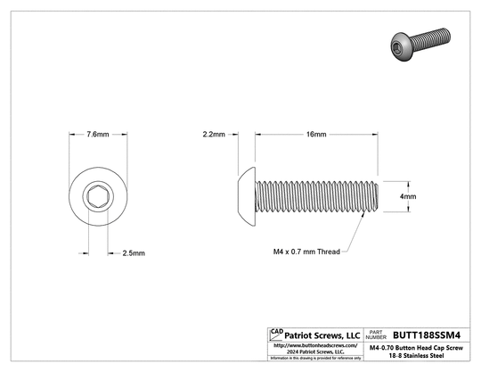 M4-0.70 x 16 mm 18-8 Stainless Steel Button Head Cap Screw