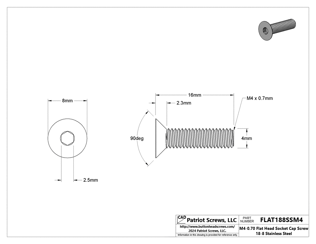 M4-0.70 x 16 mm 18-8 Stainless Steel Flat Head Socket Cap Screw