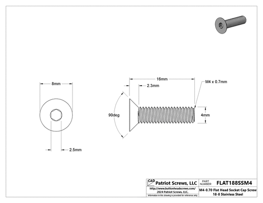 M4-0.70 x 16 mm 18-8 Stainless Steel Flat Head Socket Cap Screw