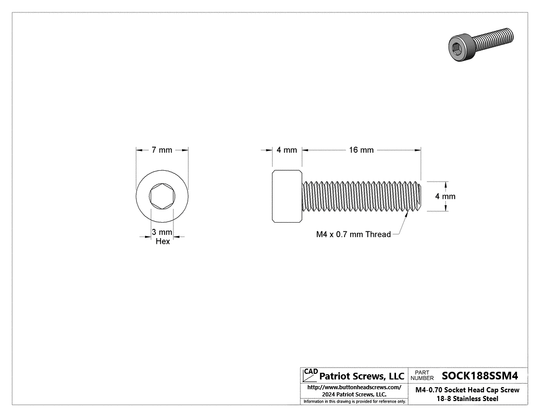 M4-0.70 x 16 mm 18-8 Stainless Steel Socket Head Cap Screw