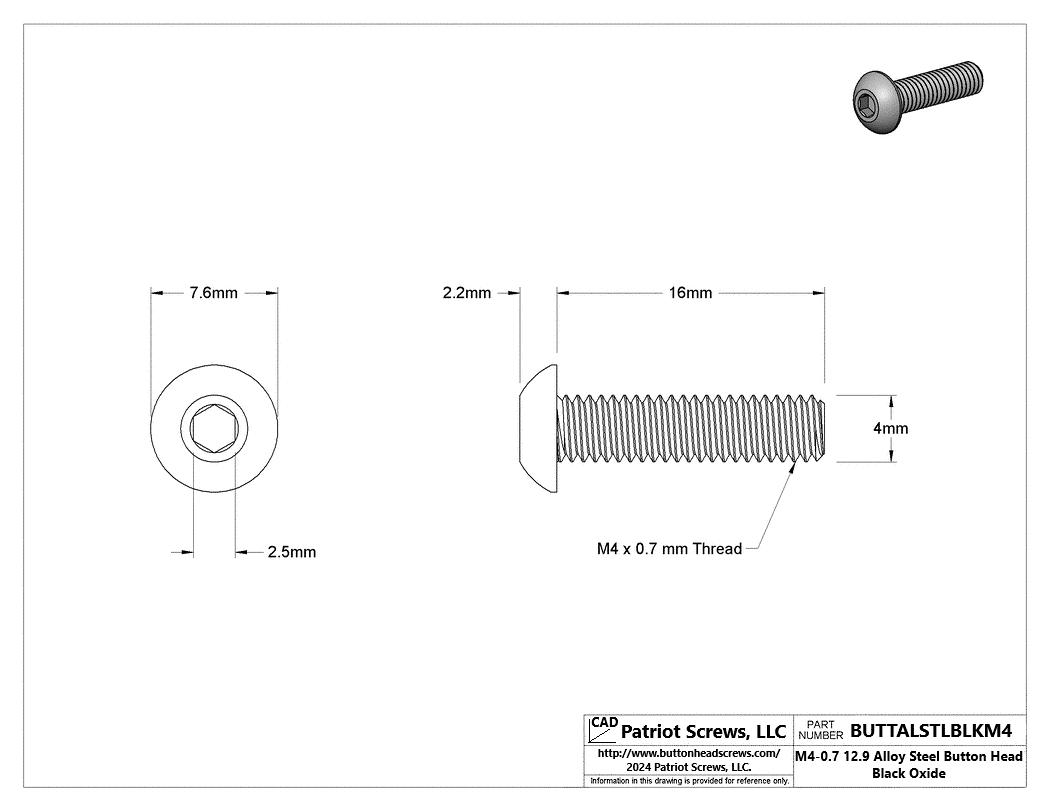 M4-0.70 x 16 mm 12.9 Alloy Steel Button Head Cap Screw Black Oxide