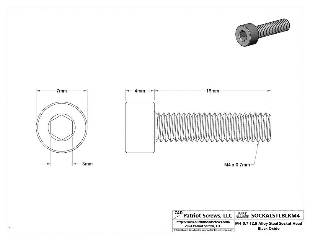 M4-0.70 x 16 mm 12.9 Alloy Steel Black Oxide Socket Head Cap Screw