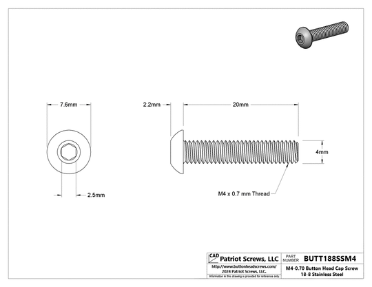 M4-0.70 x 20 mm 18-8 Stainless Steel Button Head Cap Screw