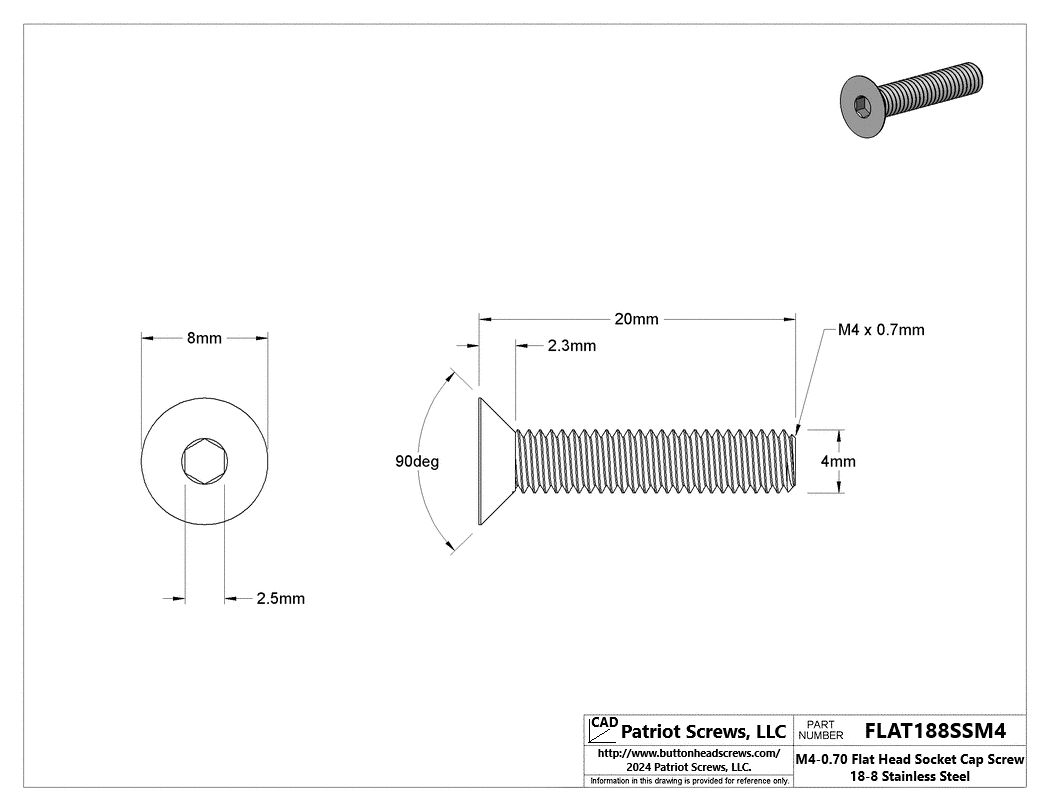 M4-0.70 x 20 mm 18-8 Stainless Steel Flat Head Socket Cap Screw