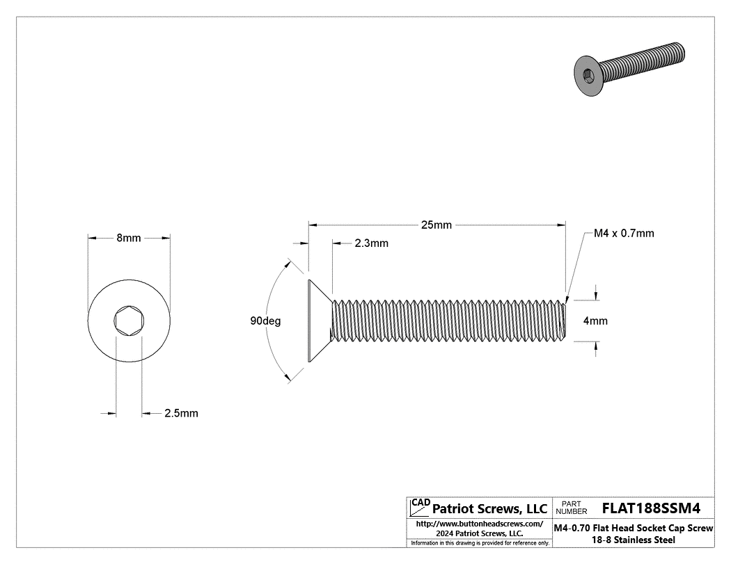 M4-0.70 x 25 mm 18-8 Stainless Steel Flat Head Socket Cap Screw