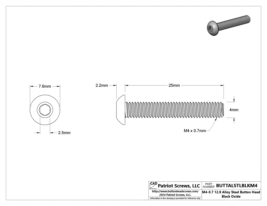 M4-0.70 x 25 mm 12.9 Alloy Steel Button Head Cap Screw Black Oxide