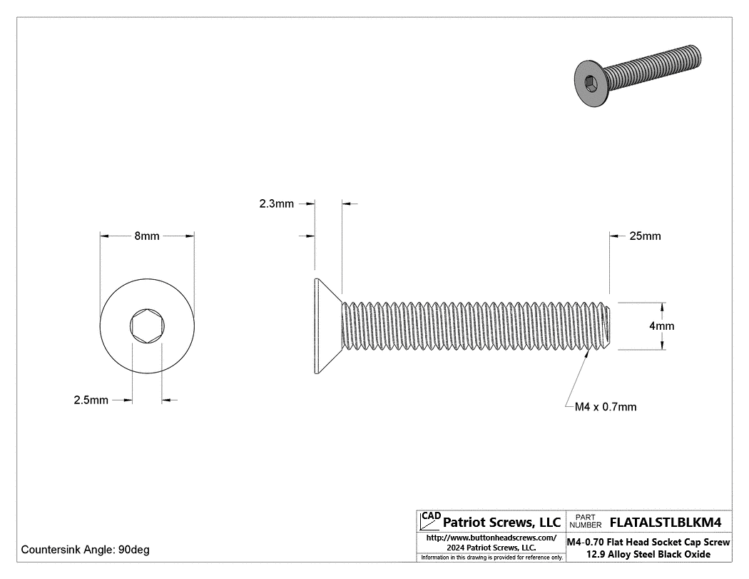 M4-0.70 x 25 mm 12.9 Alloy Steel Black Oxide Flat Head Socket Cap Screw