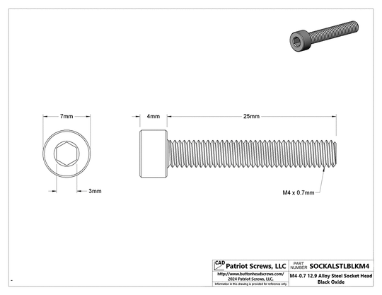 M4-0.70 x 25 mm 12.9 Alloy Steel Black Oxide Socket Head Cap Screw