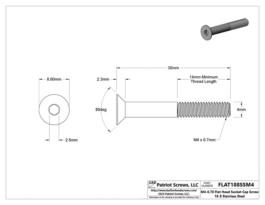 M4-0.70 x 30 mm 18-8 Stainless Steel Flat Head Socket Cap Screw