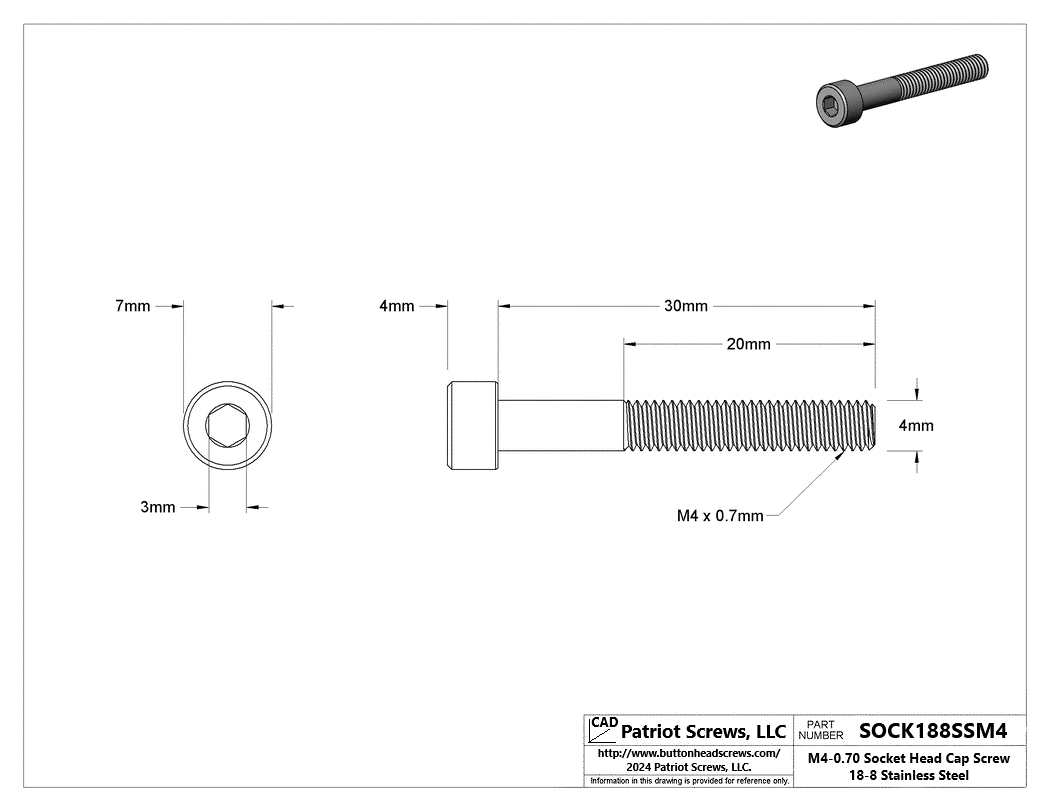 M4-0.70 x 30 mm 18-8 Stainless Steel Socket Head Cap Screw