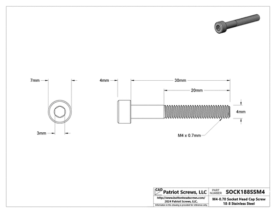 M4-0.70 x 30 mm 18-8 Stainless Steel Socket Head Cap Screw