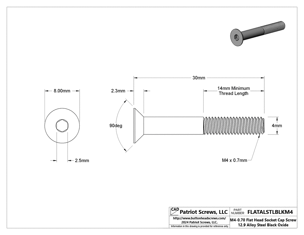M4-0.70 x 30 mm 12.9 Alloy Steel Black Oxide Flat Head Socket Cap Screw