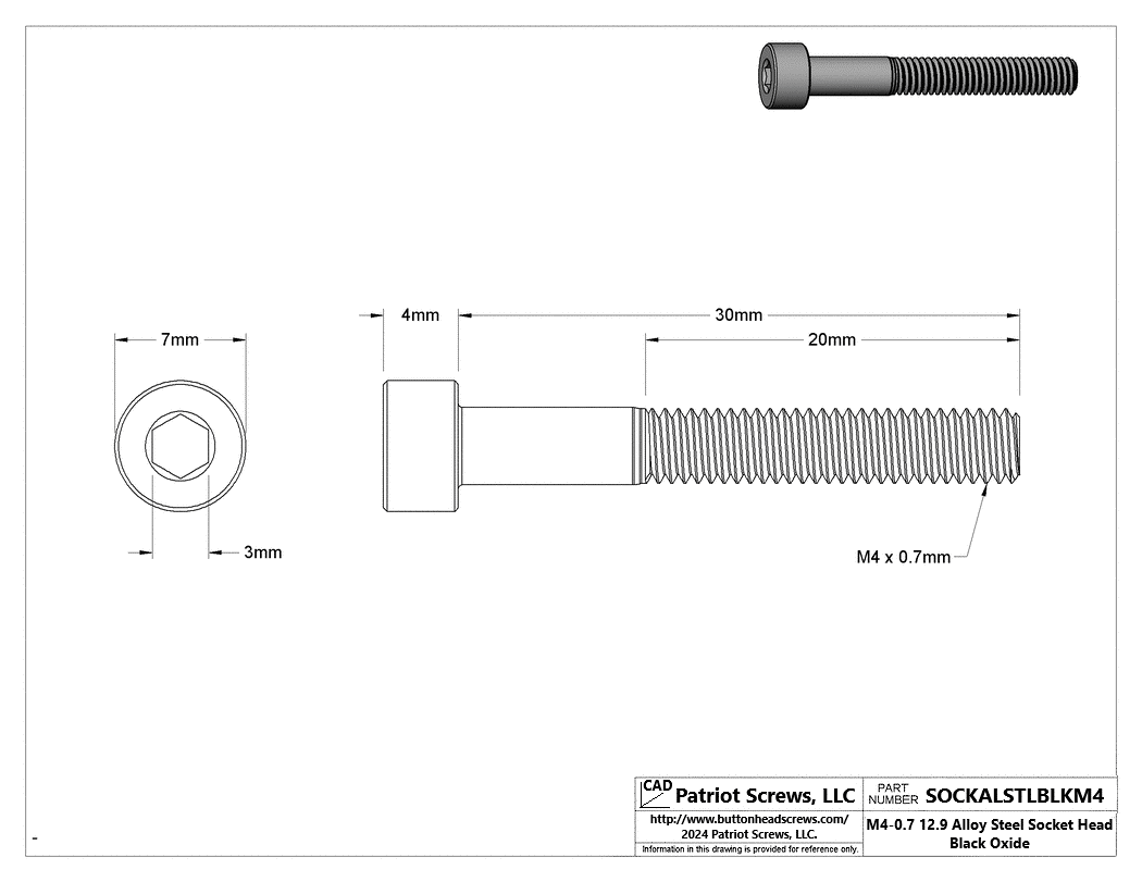 M4-0.70 x 30 mm 12.9 Alloy Steel Black Oxide Socket Head Cap Screw