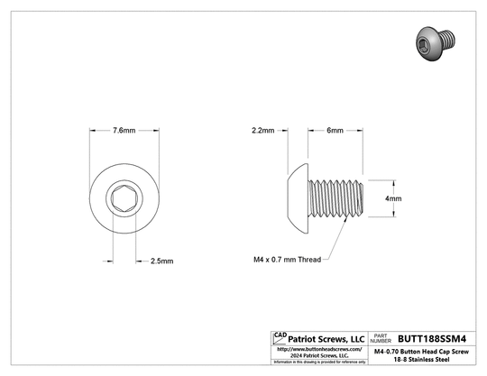 M4-0.70 x 6 mm 18-8 Stainless Steel Button Head Cap Screw