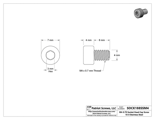 M4-0.70 x 6 mm 18-8 Stainless Steel Socket Head Cap Screw