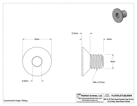 M4-0.70 x 6 mm 12.9 Alloy Steel Black Oxide Flat Head Socket Cap Screw