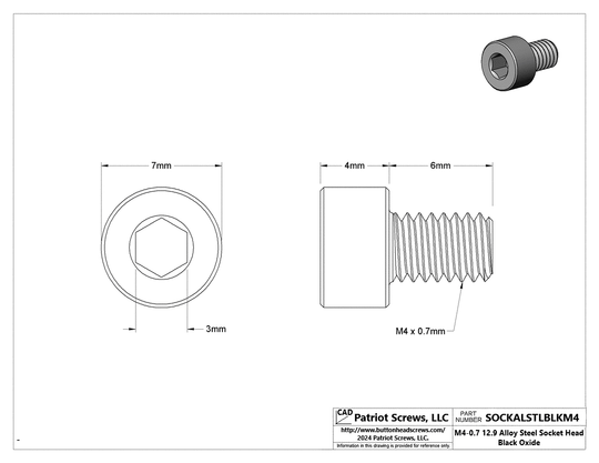 M4-0.70 x 6 mm 12.9 Alloy Steel Black Oxide Socket Head Cap Screw