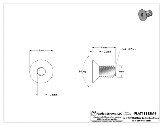 M4-0.70 x 8 mm 18-8 Stainless Steel Flat Head Socket Cap Screw