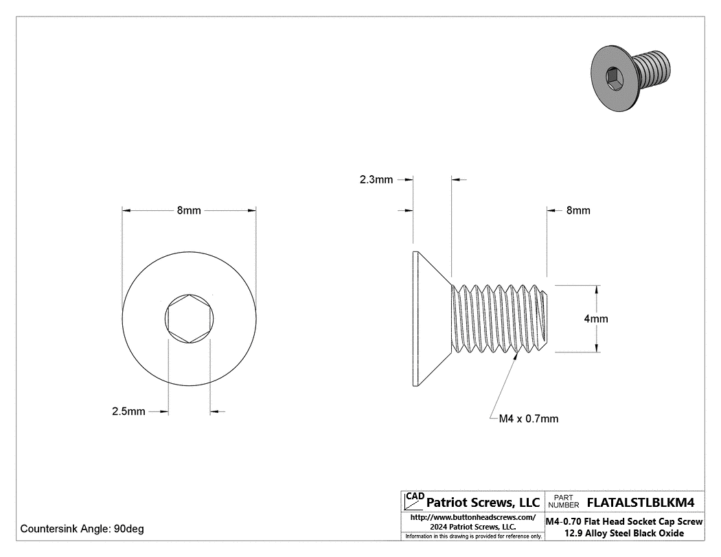 M4-0.70 x 8 mm 12.9 Alloy Steel Black Oxide Flat Head Socket Cap Screw