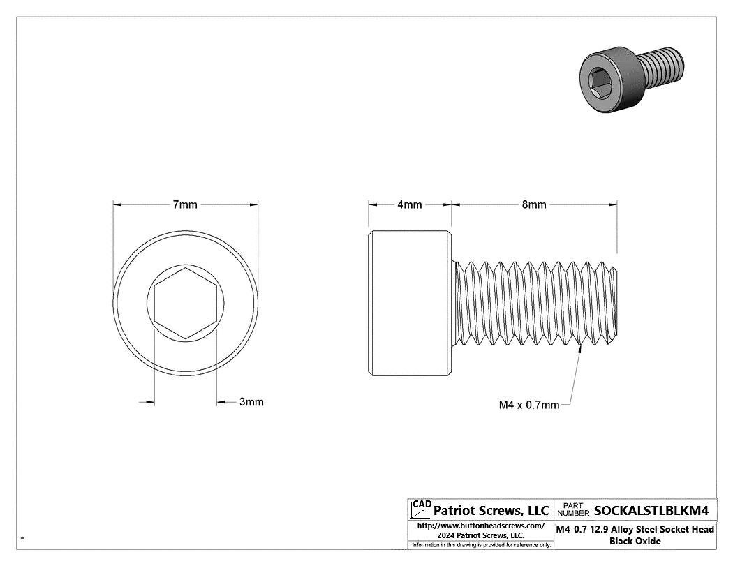 M4-0.70 x 8 mm 12.9 Alloy Steel Black Oxide Socket Head Cap Screw
