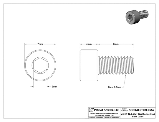 M4-0.70 x 8 mm 12.9 Alloy Steel Black Oxide Socket Head Cap Screw