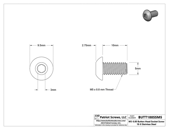 M5-0.80 x 10 mm 18-8 Stainless Steel Button Head Socket Cap Screw