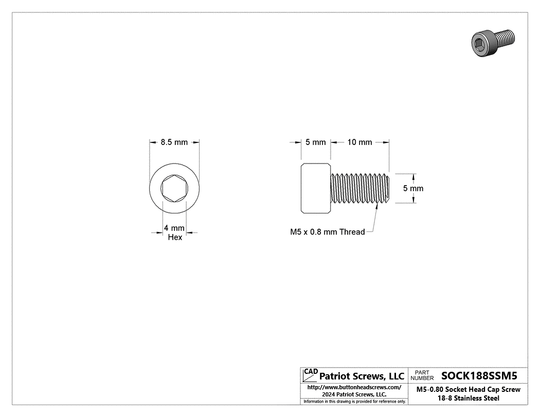 M5-0.80 x 10 mm 18-8 Stainless Steel Socket Head Cap Screw