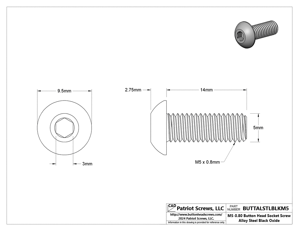 M5-0.80 x 14 mm Alloy Steel Black Oxide Button Head Socket Cap Screw