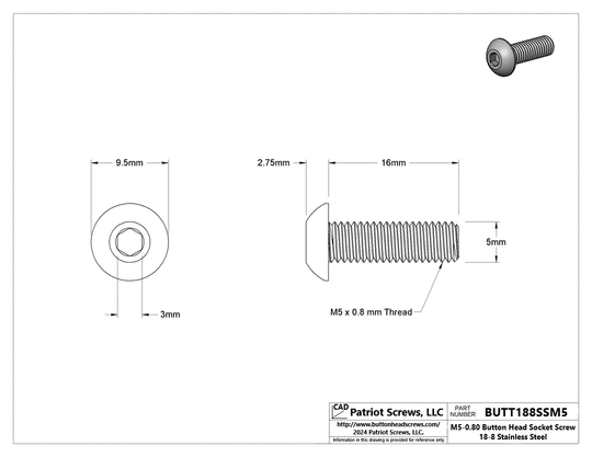 M5-0.80 x 16 mm 18-8 Stainless Steel Button Head Socket Cap Screw