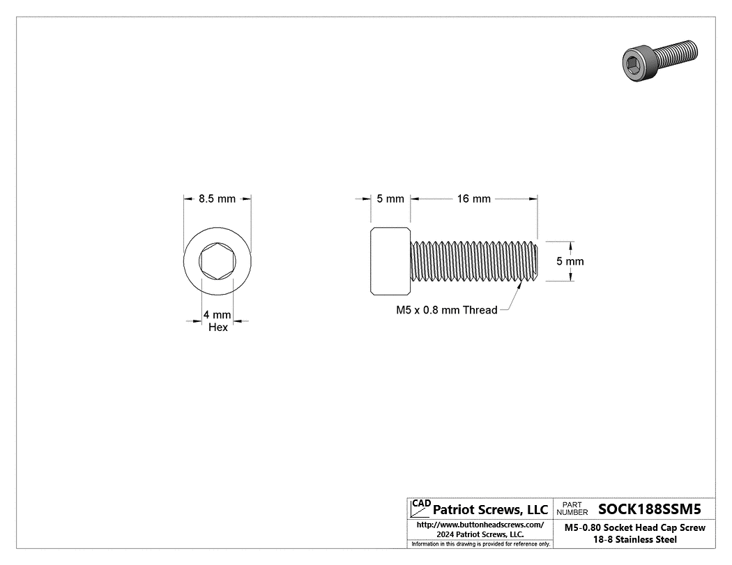 M5-0.80 x 16 mm 18-8 Stainless Steel Socket Head Cap Screw